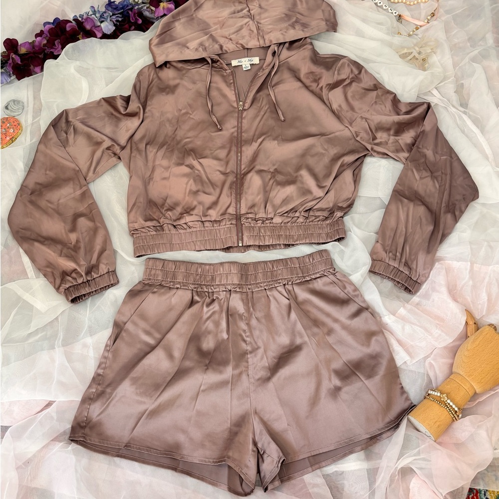 She + Sky Mauve Satin Hoodie and Shorts Set